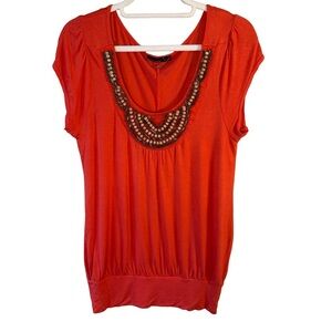 Devoted Apparel Red Beaded Embellished Top Size XS S Stretch Lightweight Casual